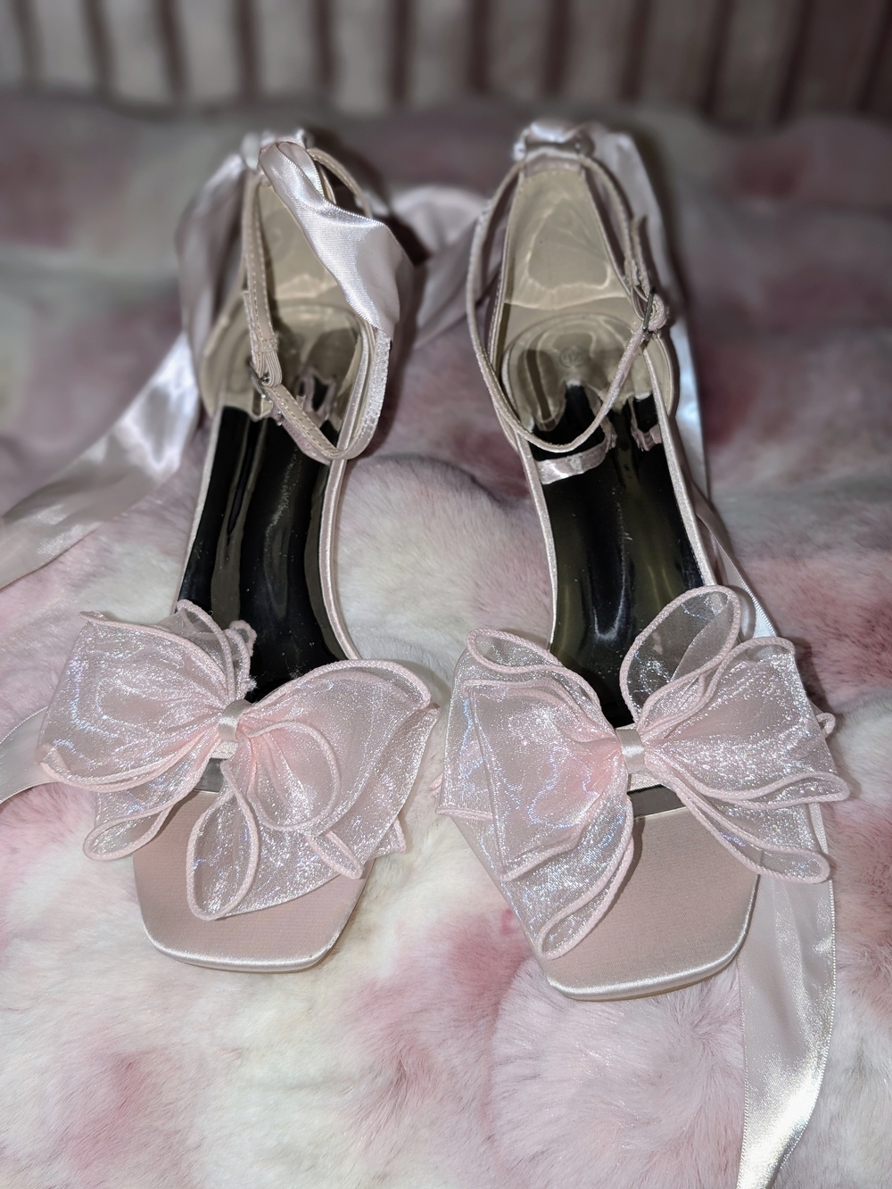🎀 Pink Satin Organza Bow Kitten Heels Delicate Pink Bow Ankle-Tie Heels 👠